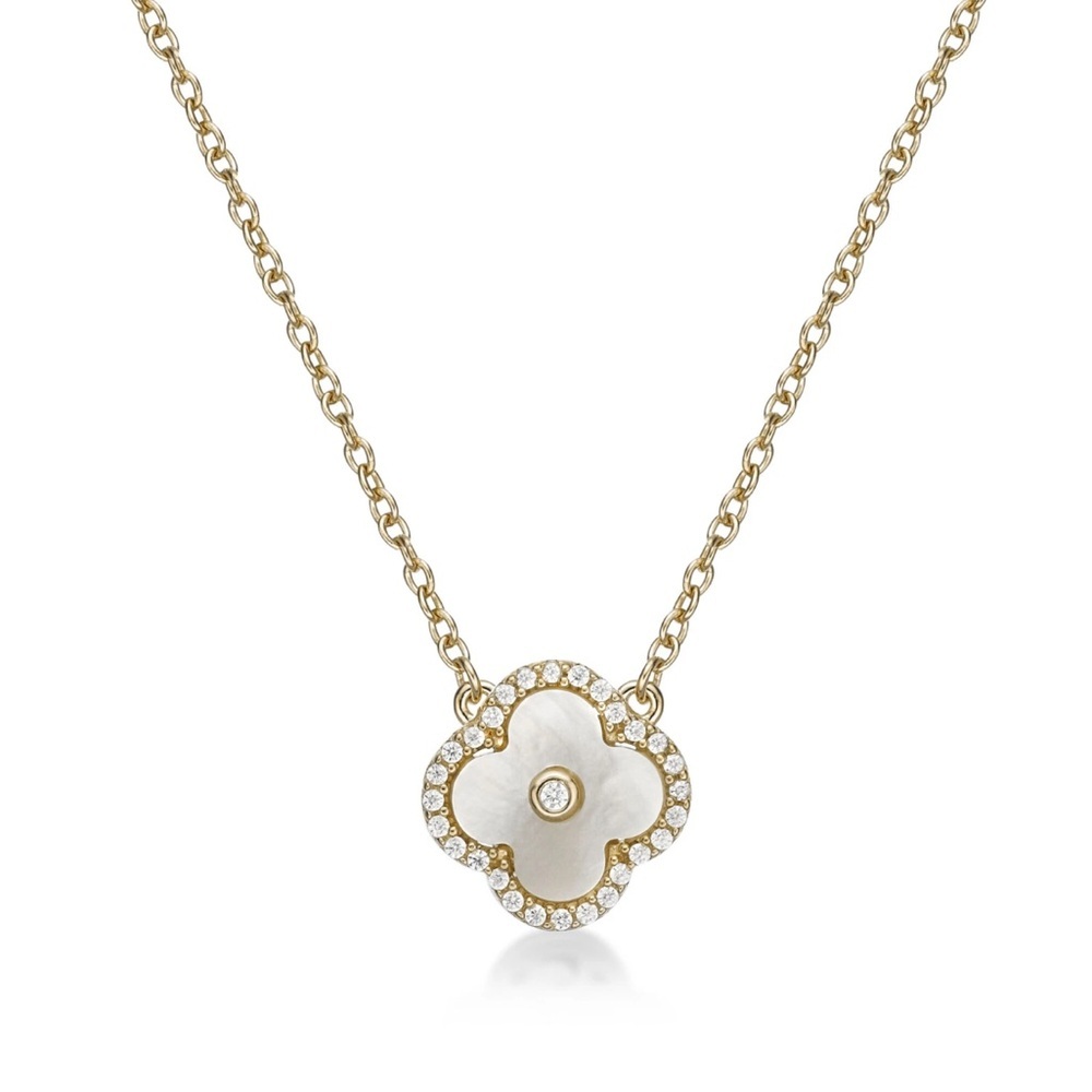 Stella Rose London Clover Pendant Necklace Gold Plated Mother-of-Pearl w halo